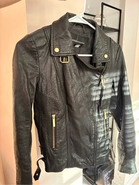 Moda International Black Genuine Leather Biker Jacket with Gold Hardware